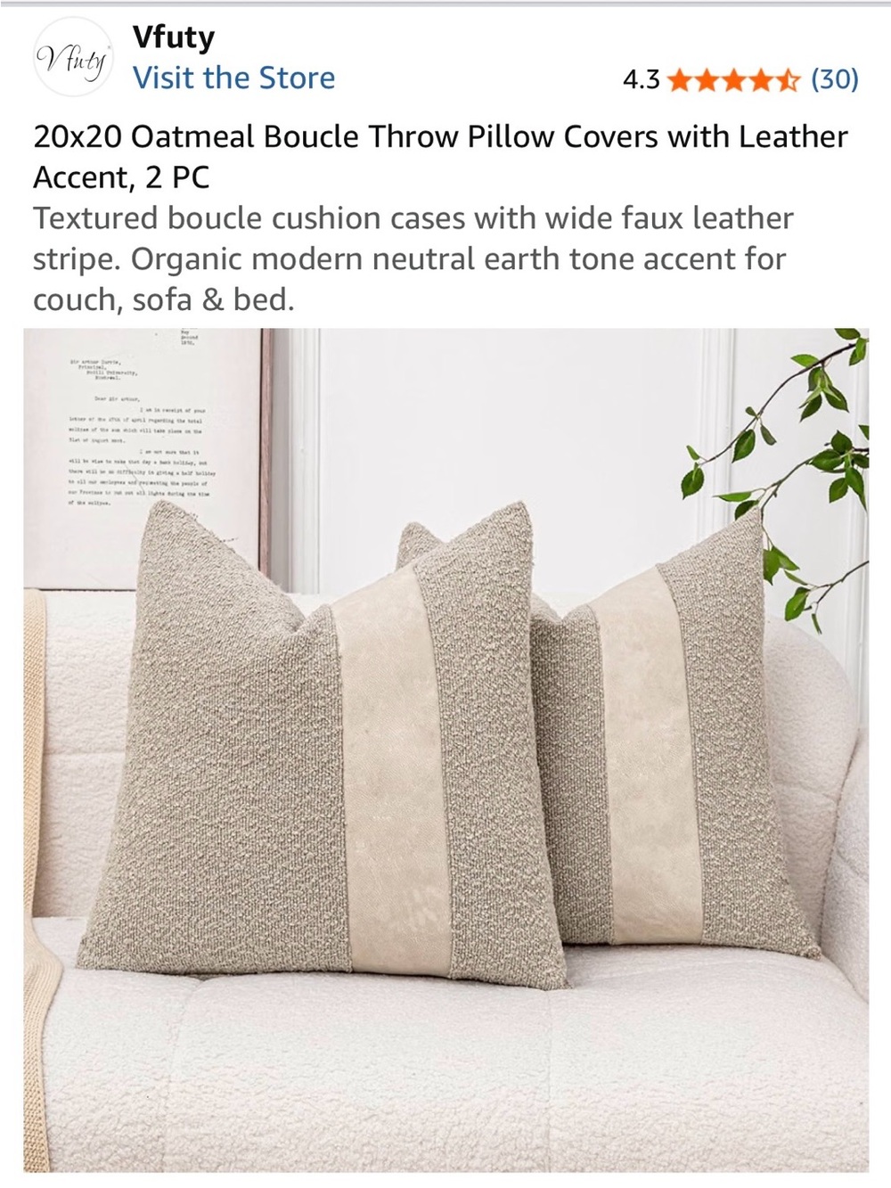 Oatmeal Boucle Throw Pillow Covers with Leather Accent - Oatmeal (2 Pack)